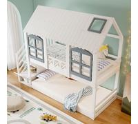 OKWISH Lit Superposé 90x200 cm - Lit Enfant Cabane Avec Toit Et Fenêtres, Grille Antichute Et Escalier Avec Rangement, Sapin+MDF, Sans Matelas, Blanc+Gris