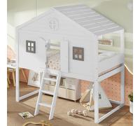 okwish Lit superposé 90x200 cm, lit pour enfant, cabane avec escalier et fenêtre, barrières et protections, lit inférieur modulable, sans matelas, blanc + gris