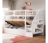 OKWISH Lit Superposé 90x200 cm - Lit Simple Avec Escalier de Rangement et Barrière de Sécurité, Bois de Pin et MDF, Sans Matelas, Blanc