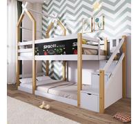 OKWISH Lit Superposé 90x200 cm - Lit Simple Enfant avec Tableau Noir et Rangement, Pin Massif et MDF, Sans Matelas - Blanc