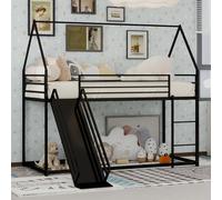 okwish Lit superposé 90x200 en forme de maison, lit pour jeunes avec toboggan, échelle et cadre métal, noir (sans matelas)