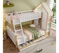 OKWISH Lit Superposé 90x200 et 140x200 - Lit Enfant avec 2 Tiroirs et Barrières de Sécurité - Design Maison en Bois Massif + MDF - Blanc + Naturel - Sans Matelas