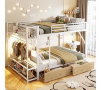 OKWISH Lit Superposé Adulte 140x200 cm - avec Rangement, LED et Tiroirs - sans Matelas - Métal - Blanc