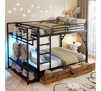 OKWISH Lit Superposé Adulte 140x200 cm - avec Rangement, LED et Tiroirs - sans Matelas - Métal - Noir