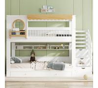 OKWISH Lit Superposé Enfant 90x200 cm avec Escalier et Tiroirs - Lit Cabane en Bois Massif avec Étagères et Barrières de Sécurité - Blanc