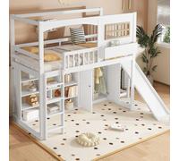 OKWISH Lit Superposé Enfant 90x200 cm avec Toboggan et Armoire Intégrée - Lit Cabane Blanc en Pin Massif avec Garde-Corps Sécurisé