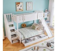OKWISH Lit Superposé Enfant 90x200 cm avec Toboggan et Escalier - Lit Cabane Blanc avec 4 Casiers de Rangement, Structure en Pin et MDF