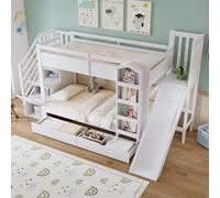 OKWISH Lit Superposé Enfant 90x200 cm - Lit avec Toboggan, Escalier et Bibliothèque, Rangement avec 2 Tiroirs sur Roulettes, Bois Blanc, Sans Matelas