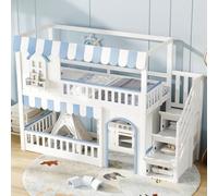 OKWISH Lit Superposé Enfant 90x200 cm - Lit Cabane avec Fenêtre et Escalier, Rangement Intégré, Bois Blanc et Bleu, Sans Matelas