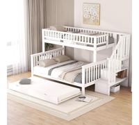OKWISH Lit Superposé Famille 3 Places avec Lit Gigogne et Escalier - Bois Massif MDF - 140×200 + 90×200 cm - Sans Matelas - Blanc