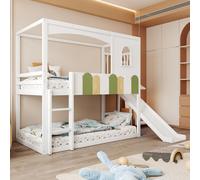 OKWISH Lit Superposé - Lit Enfant 90x200 cm avec Toboggan et Cadre Maison, Fenêtres et Garde-Corps Colorés, Pin + MDF, Blanc - Sans Matelas