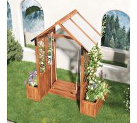 OKWISH Plante et Jardinière - Meuble de Jardin avec Jardinière en Bois Massif, Treillis pour Plantes Grimpantes, Siège et Toit d’Ombrage, Brun - 142 x 70 x 163 cm