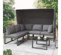 OKWISH Salon de jardin - Ensemble lounge 4 pièces avec Canapé, Hocker et Table Basse, Coussins Épais et Auvent, Métal, Polyester et Éponge - Gris