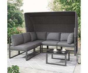 OKWISH Salon de jardin - Ensemble lounge 4 pièces avec Canapé, Hocker et Table Basse, Coussins Épais et Auvent, Métal, Polyester et Éponge - Gris