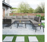 OKWISH Salon de Jardin - Ensemble Mobilier Terrasse 8 Places en U avec 4 Canapés 2 Places et 2 Tables Basses - Fer et Verre - Gris, 120x60x72 / 60x60x36