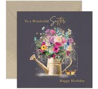 Old English Co. Carte d'anniversaire pour sœur - Carte d'anniversaire « Wonderful Sister » avec arrosoir - Papillons en feuille d'or et fleurs colorées - Cadeau d'anniversaire pour elle - Cartes pour