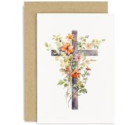 Old English Co. Carte de vœux aquarelle de croix religieuse avec fleurs - Carte de foi pour baptême, première communion, Pâques, condoléances - Pour adulte, maman, papa | Intérieur vierge