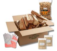 OLD TERRA NATURAL Kit bois premium 10 kg pour cheminée, barbecue et four à pizza | bûches sélectionnées, copeaux de fruits et gants en cuir de qualité
