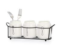 OLegei 3pcs porte-couverts en céramique pot à ustensiles de cuisine avec support en métal noir organisateur de couverts pour couteau de table, fourchettes, cuillères (blanc)