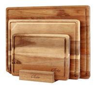 Oleio Lot de 3 Planches à Découper en Acacia avec Support de Rangement | bois massif de 2 cm, formats 40 × 30, 33 × 24 et 26 × 18 cm, rainure à jus, poignées latérales et pieds antidérapants