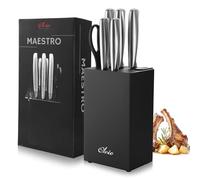 Oleio Maestro Bloc à Couteaux 6 Pièces en Bois d’Acacia Noir avec Aiguiseur Intégré | Couteaux de Chef et Ciseaux de Cuisine en Acier Inoxydable | Couteaux Professionnels pour Viande, Légumes et Pain