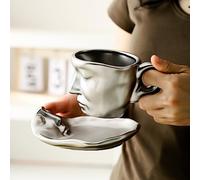 oliruim Tasse à café avec soucoupe argentée - Tasse à thé en céramique avec visage et cuillère - Coffret cadeau pour Noël, la Saint-Valentin, un couple, des amis et la famille (argenté)