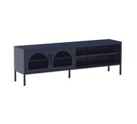 OLIVIA - Meuble TV 160 cm 2 Portes Ajourées 2 Niches en Métal Bleu Foncé
