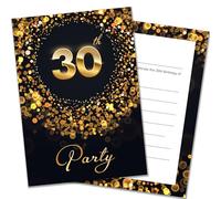 Olivia Samuel Lot de 20 cartons d'invitation pour 30e anniversaire avec enveloppes - Prêt à écrire - Effet noir et doré - Conçu et imprimé au Royaume-Uni