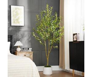 Olivier artificiel de 180 cm avec pot blanc, grand olivier artificiel avec 756 feuilles et 54 fruits, arbre artificiel d'aspect très réaliste pour le salon, la chambre à coucher ou la décoration de bu