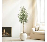 Olivier artificiel d'intérieur avec feuilles, fruits et jardinière blanche, faux olivier en pot pour décoration intérieure et pendaison de crémaillère Couleur : VertMatière : Polyester, plastique, mét