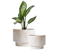 Olly & Rose Lot de pots de fleurs en céramique blanc avec rayures beige - 2-16,5,13,5 cm - Taille moyenne - Pour extérieur et intérieur - Pots de fleurs surélevés