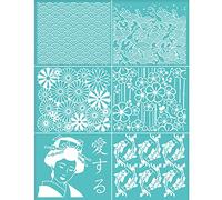 OLYCRAFT Pochoir Sérigraphie Auto-Adhésif Transferts Maille Oriental Vagues de la mer Koi Amour Fleur cerisier Pochoir Réutilisable Sérigraphie pour Peinture Bois Sacs Tissu pour T-Shirt - 28x22 cm