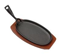 Olympia Plat de gril en fonte et support en bois 24 x 14 cm, noir et marron, taille : 240 (L) x 140 (P) mm, plat antiadhésif une fois assaisonné, Idéal pour les steaks, sautés, fajitas et currys, F464
