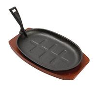 Olympia Plat de service ovale en fonte 28 x 19 cm avec support en bois, taille : 280 (L) x 190 (P) mm, Idéal pour servir des currys, des steaks, des brochettes, Antiadhésif une fois assaisonné, CC310