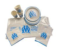 OLYMPIQUE DE MARSEILLE Pack 57 pièces Om : 1 Nappe 12 x Gobelet 12 x Assiette 20 x Serviette 12 x Sac à Bonbons - Collection Officielle