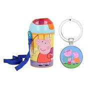 OM SUPPLIES Bouteille d'eau pop up avec cordon tour de cou pour un transport facile à l'école, le déjeuner des enfants, 450 ml, avec porte-clés Peppa, George, Pig
