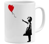 OM3 Banksy Tasse à café avec fille au ballon - Street Art Graffiti Stencil - Tasse en céramique - 325 ml - Imprimé des deux côtés - Blanc