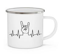 OM3® Heavy Metal Tasse en émail avec battement de cœur et fourchette à frites - Fans de métal - Festival et camping - Tasse émaillée - 300 ml - Imprimé des deux côtés - Métal blanc