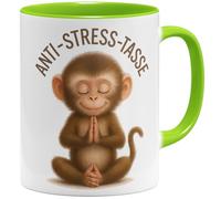 OM3 Tasse à café anti-stress avec inscription en allemand - Tasse en céramique amusante - Motif singe de méditation - 325 ml - Imprimé des deux côtés - Vert clair