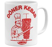 OM3 Tasse à café Döner Kebab avec logo culte Dönermann tournebroche - Tasse en céramique - 325 ml - Imprimé des deux côtés - Blanc