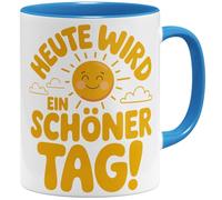 OM3® Tasse à café positive avec inscription en allemand « heute wird ein schöner Tag » - Bonne humeur - Motivation soleil - Tasse en céramique - 325 ml - Imprimé des deux côtés - Bleu clair