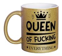 OM3® Tasse humoristique à paillettes avec inscription en allemand « Queen of fucking everything » - Tasse à paillettes - Tasse en céramique - 325 ml - Impression intégrale - Doré