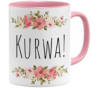 OM3® Tasse humoristique avec inscription « Kurwa » - Polonais Pologne - Fleuri Kitschig - Tasse en céramique - 325 ml - Imprimé des deux côtés - Rose