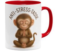 OM3 Tasse singe anti-stress avec inscription en allemand - Tasse amusante en céramique - Motif Namaste - Singe de méditation - Tasse en céramique - 325 ml - Imprimé des deux côtés - Rouge