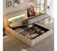 Concept Usine - Lit coffre 2 places Omaha 140x190 cm, LED intégrée, velours beige, sommier inclus