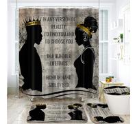Omebero Lot de 4 rideaux de douche noirs King Queen avec mots romantiques pour homme et femme avec rideau de douche et tapis de bain, housse pour abattant de toilette, tapis de bain, rideaux de douche