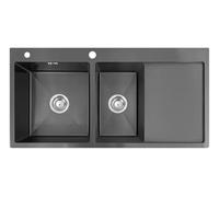 Omeere, 100 x 50 x 21 cm - Évier de cuisine - En acier inoxydable 304 - Épaisseur : 0,8 mm - Évier encastrable - Carré - 2 bacs, trop-plein, égouttoir - Noir