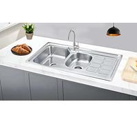 Omeere 100x50cm évier inox 304 18/8 0,8mm, évier en acier inoxydable 2 Bacs,Évier de cuisine 2 Bacs,Brossé Rectangle (Égouttoir à droite)