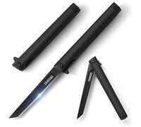 Omesio Petit Couteau Pliant de Poche Japonais Fin Slim Lame 8,5cm Noir | Lame Aiguisée Précise, Idéal Coupe Viande Fruits Légumes, Clip Ceinture Pratique, Usage Camping Extérieur