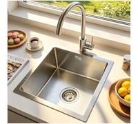 OMGMTSTORE Évier de cuisine 38 x 38 cm, surface résistante aux rayures, évier de cuisine en acier inoxydable, évier de cuisine avec garniture de vidange, robinet de cuisine inclus, support de drainage